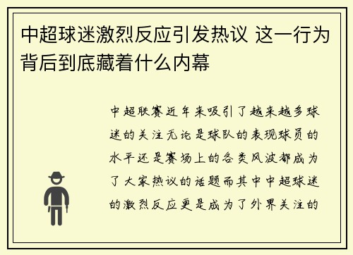 中超球迷激烈反应引发热议 这一行为背后到底藏着什么内幕
