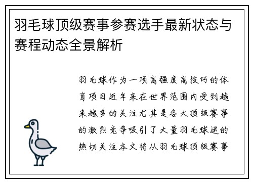 羽毛球顶级赛事参赛选手最新状态与赛程动态全景解析